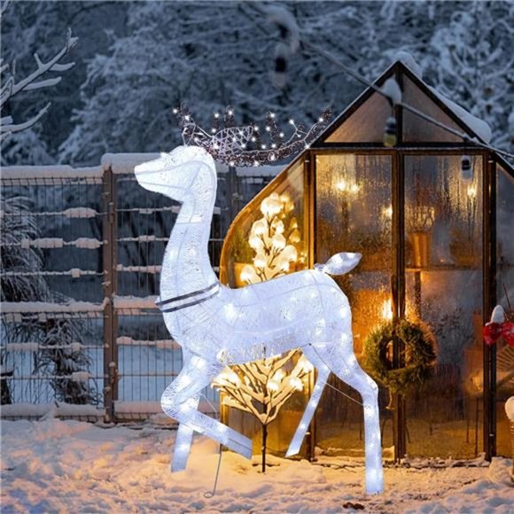 4.3ft Lighted Christmas Reindeer with White Lights Glittered Christmas Deer - Picture 1 of 6